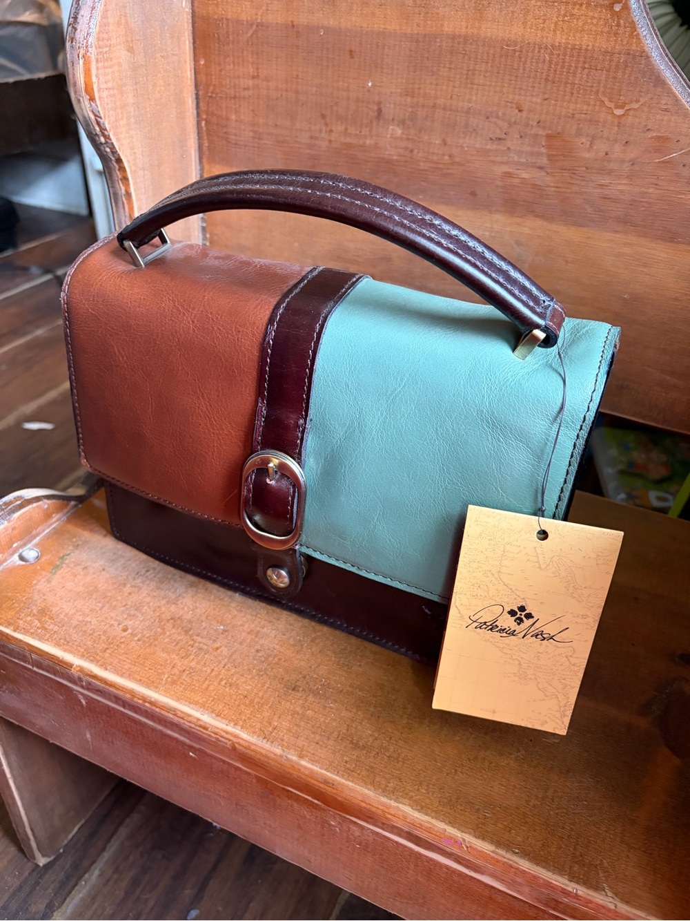 Patricia Nash Brown & Mint Leather Colorblock Top-Handle Crossbody - Picture 4 of 6